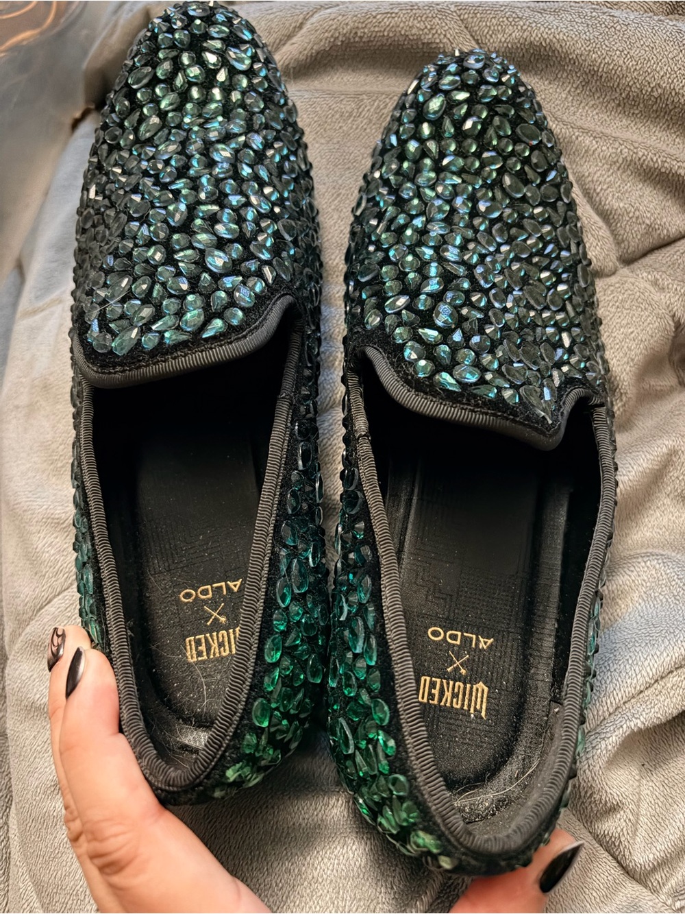 Aldo x WICKED Men's Black Loafers with Green Crystal Embellishments
